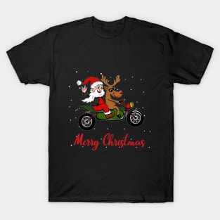 Funny Santa & Reindeer Motorcycle Biker Christmas T-Shirt